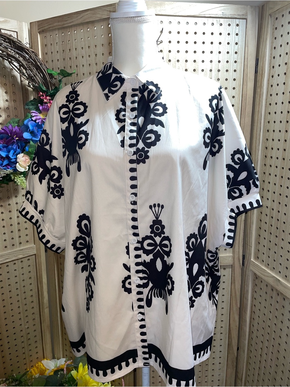 White Shirt with Black Floral Motif